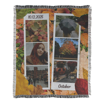 Personalized photo collage blanket with autumn-themed design