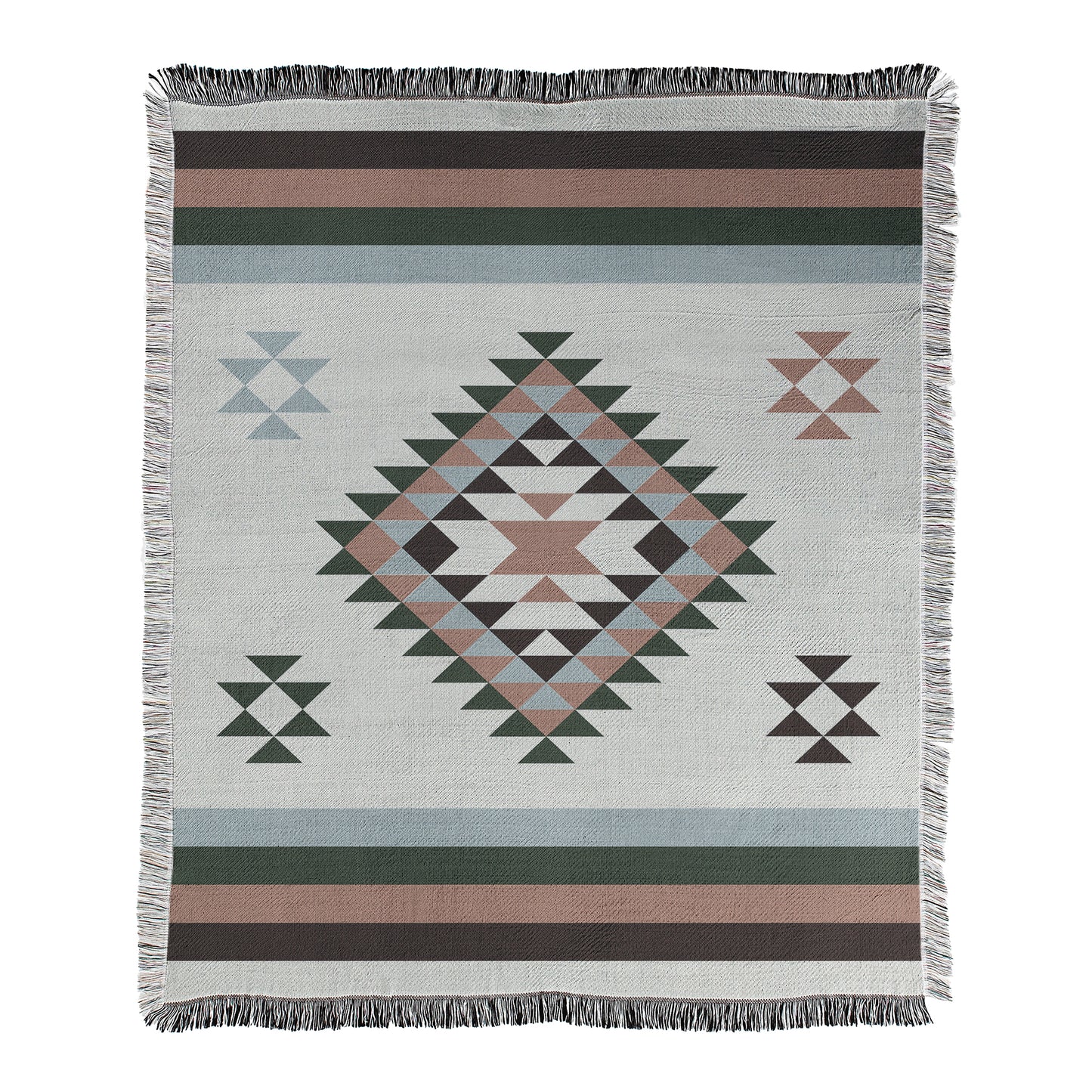 Neutral colors with geometric aztec inspired design printed on a woven cotton/polyester blanket with decorative fringed edges.