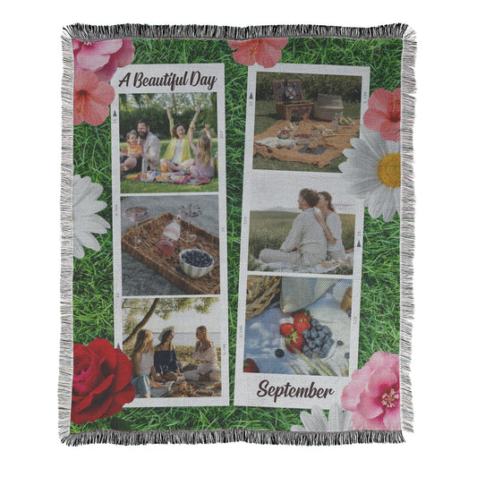 Personalized photo collage blanket with green grass and flowers spring theme on a white background