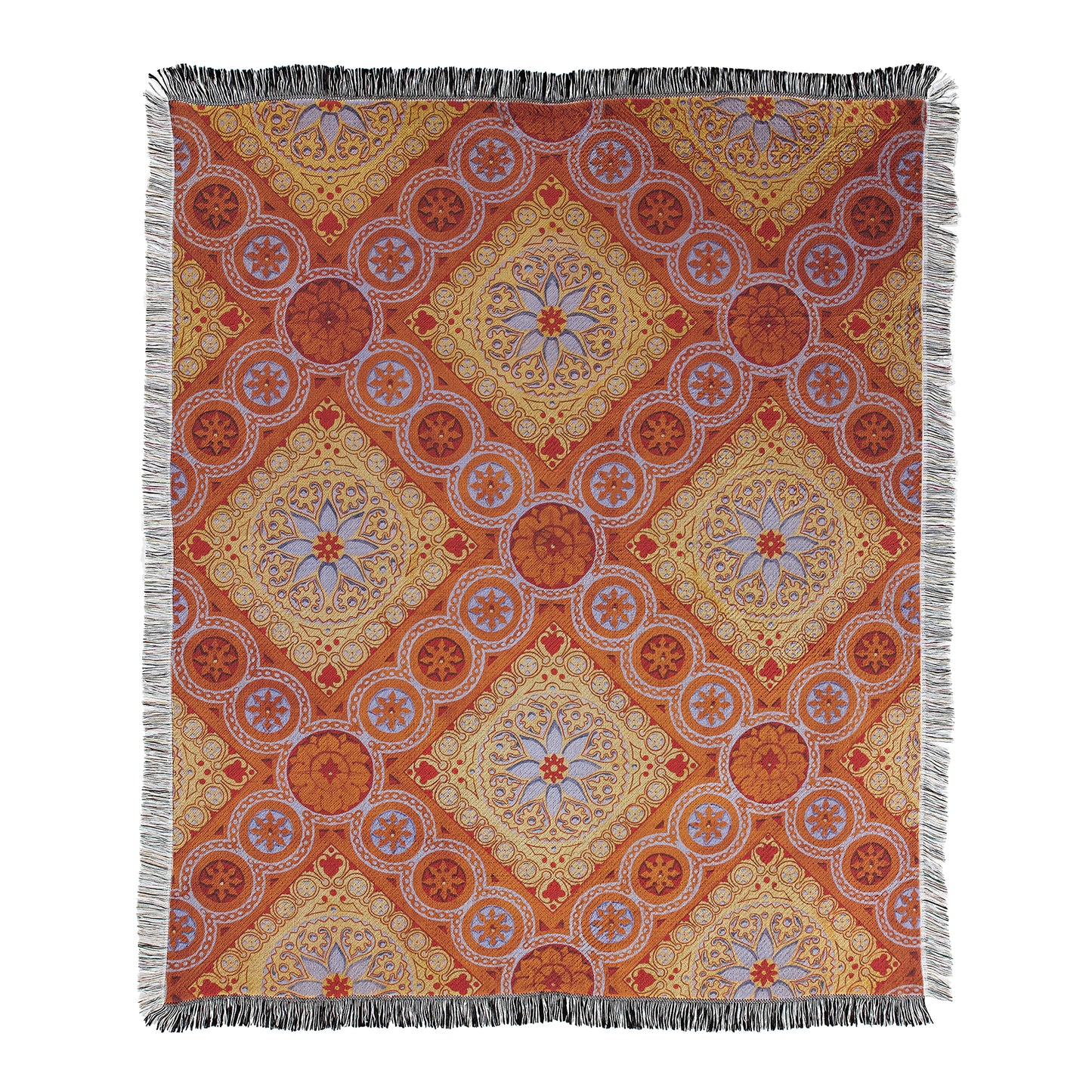 Mandala inspired geometric patterns with terracotta and gold colors printed in a cotton/polyester blend throw with decorative fringed edges.