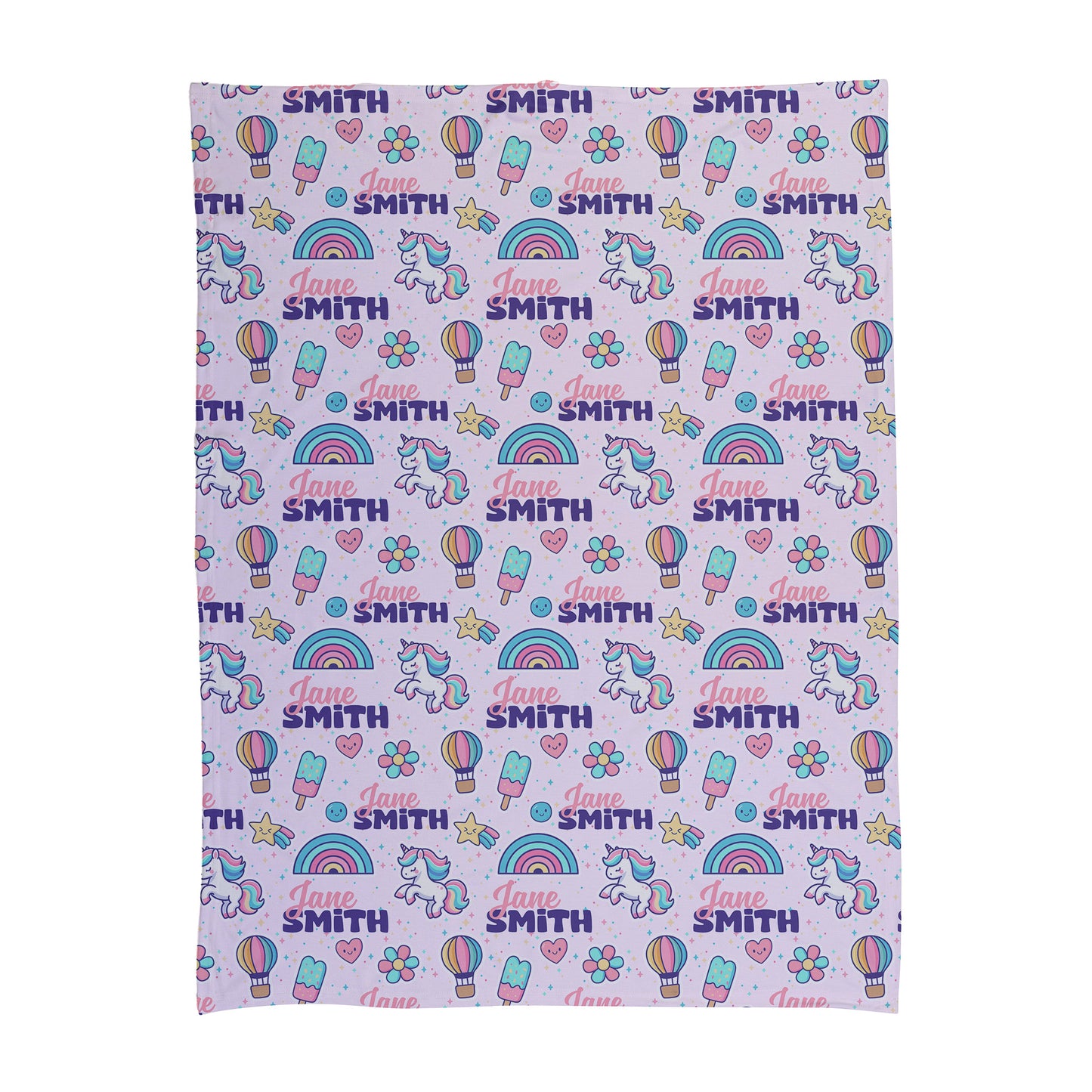 Personalized baby swaddle with unicorns, rainbows and name on light purple and pink background.