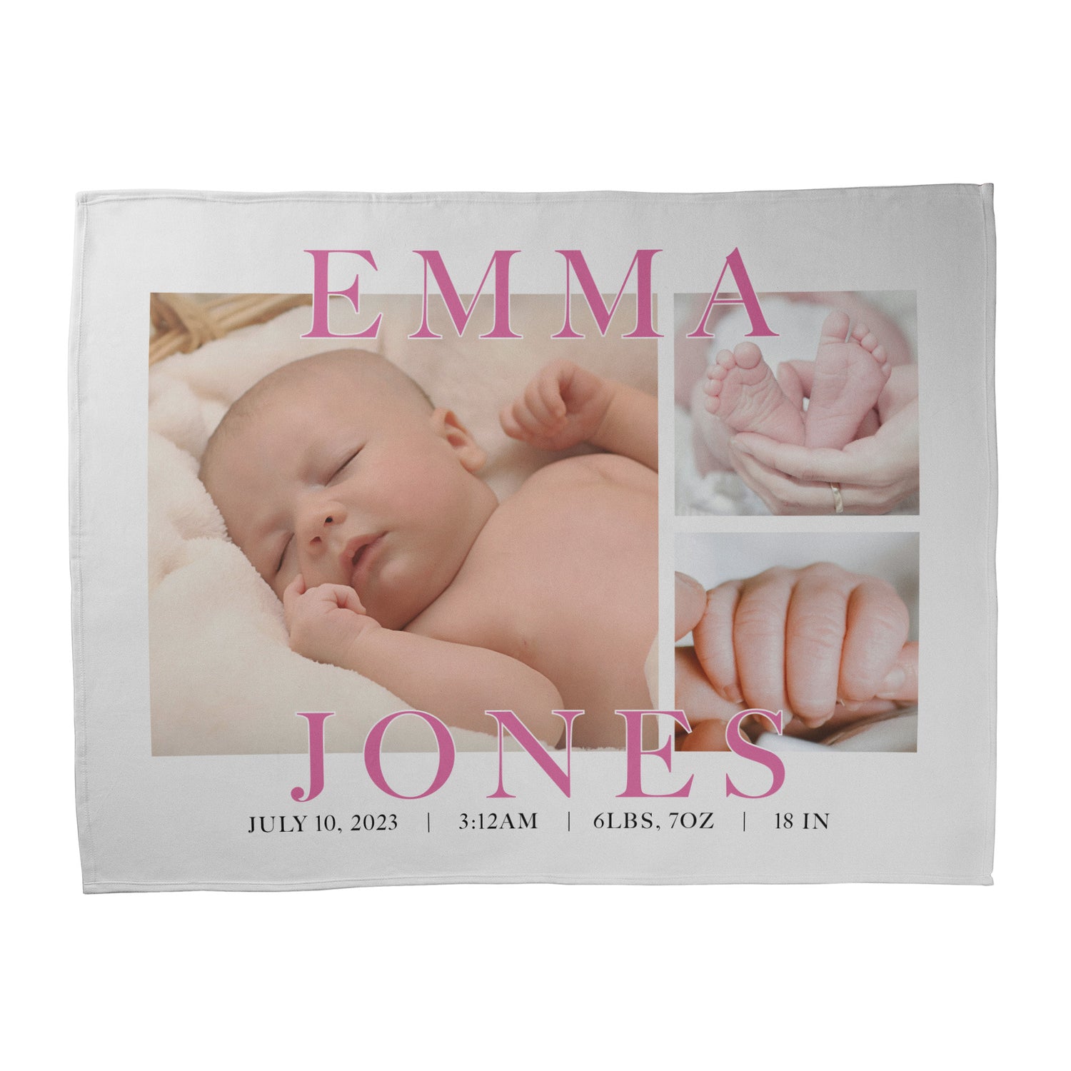 3 photo baby blanket with birth stats printed on a fleece blanket.