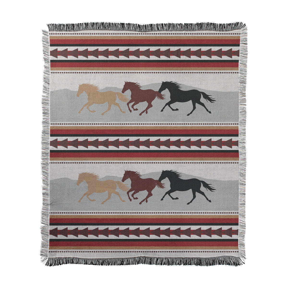 Running horses with a geometric southwest rustic pattern printed on a woven cotton-polyester blanket with decorative fringed edges.