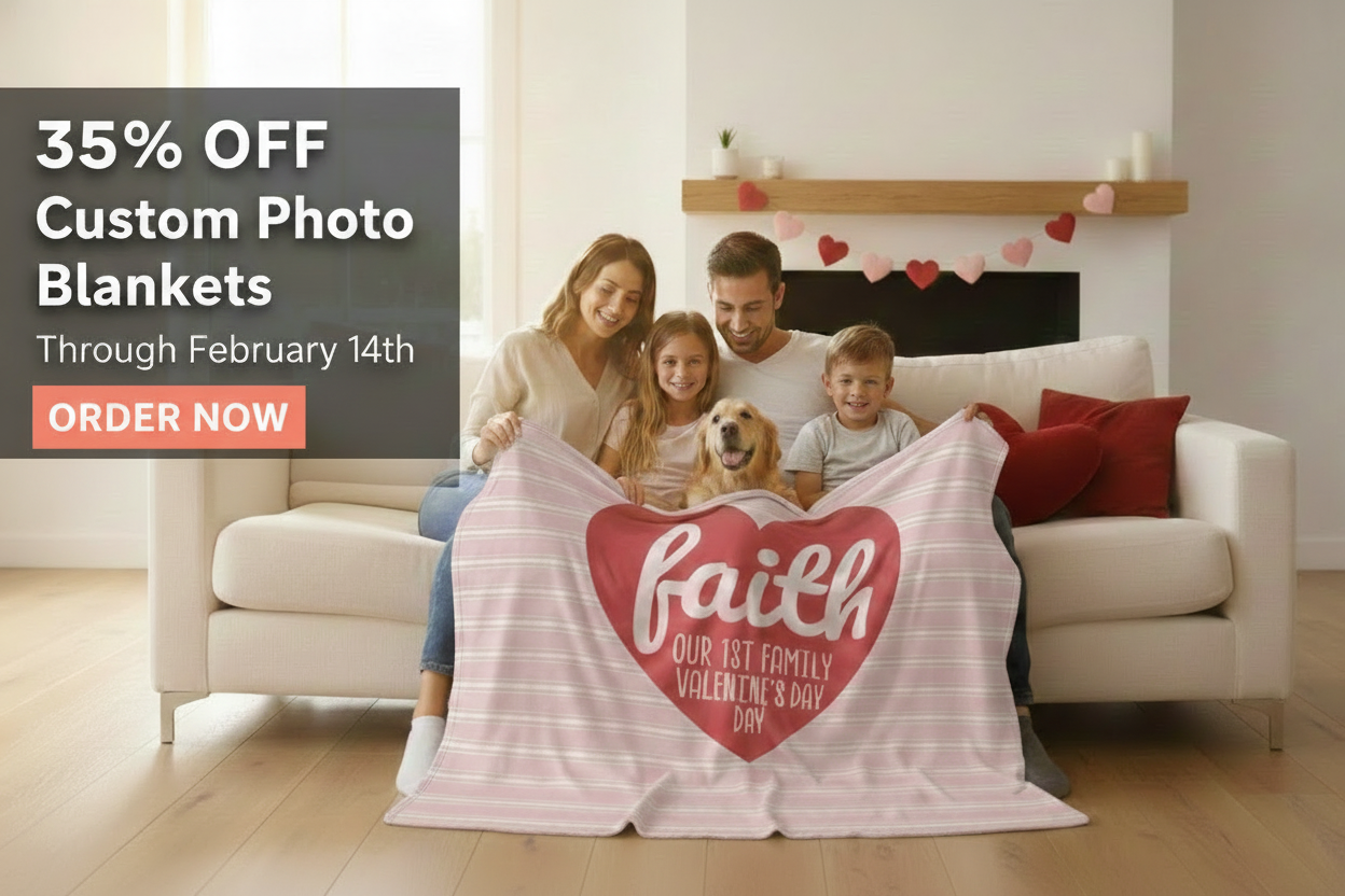 Family sitting on a couch with a custom photo blanket featuring a heart and 'Faith' text, with promotional text overlay.