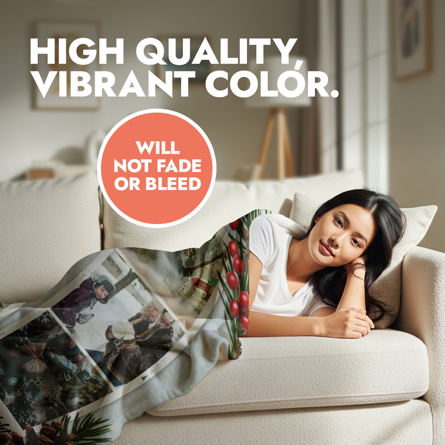 Woman lying on a couch with a photo blanket, text about color quality.