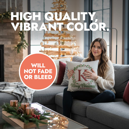 A woman holding a personalized Christmas pillow in 18"x18" size.
