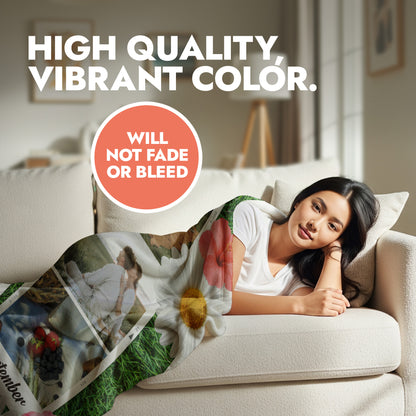 Woman lying on a couch with a colorful blanket, text about color quality.
