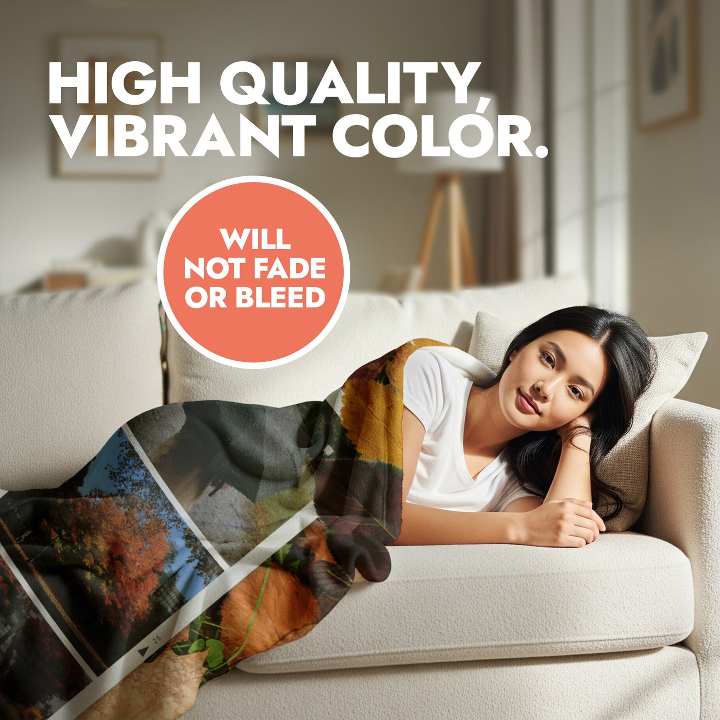Woman lying on a couch with a colorful blanket, text about high quality and vibrant color.