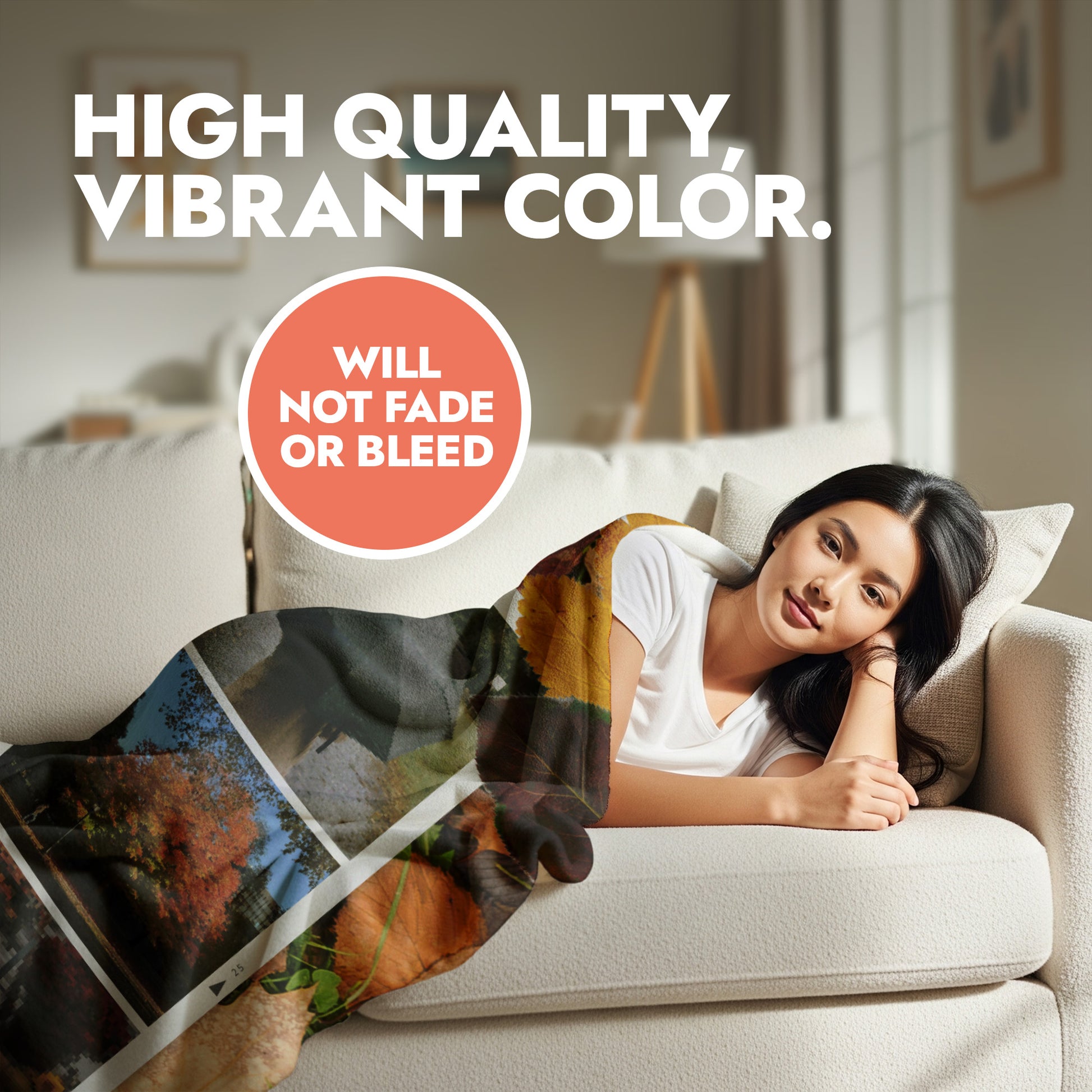 Woman lying on a couch with a colorful blanket, text about high quality and vibrant color.