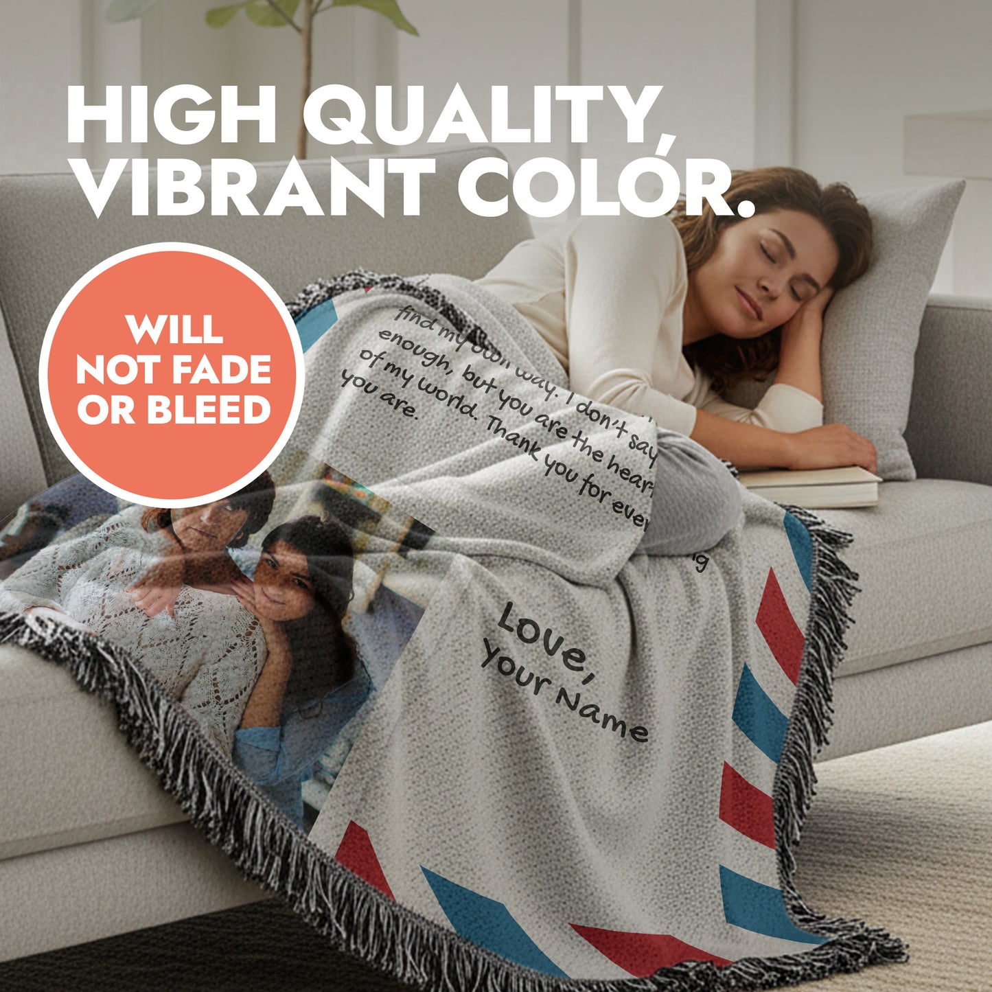 woman laying on sofa with postcard theme blanket and heading text 'high quality, vibrant color'.