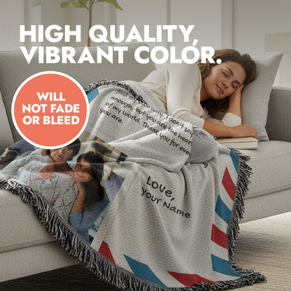 woman laying on sofa with postcard theme blanket and heading text 'high quality, vibrant color'.