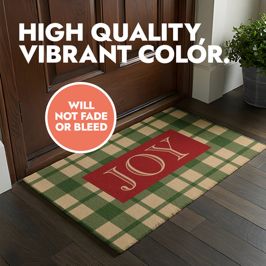 Holiday themed doormat displayed outside of a door with header text 'high quality, vibrant color'.