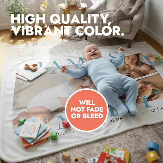 A baby laying on a custom photo baby blanket with header text 'high quality, vibrant color'.