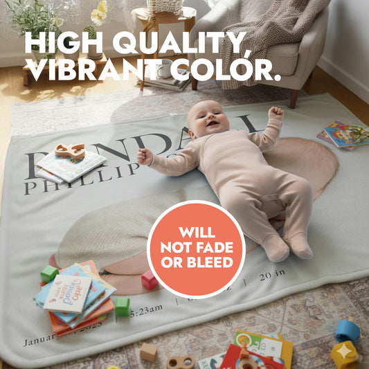 A baby laying on a personalize fleece baby blanket with header text 'high quality, vibrant color'.
