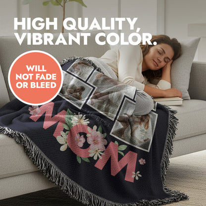 Woman lying on sofa in living with personalized 50"x60" woven cotton-polyester blanket with decorative fringed edges and heading text 'high quality, vibrant color'.