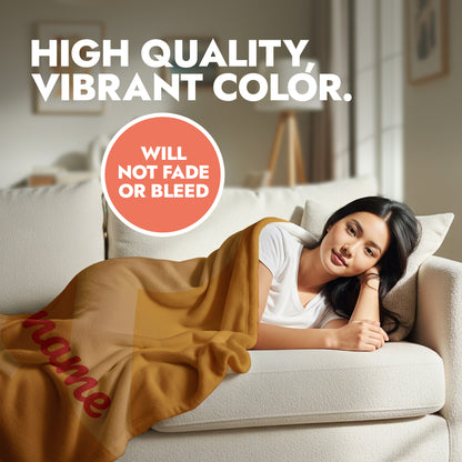 Woman lying on a couch with a brown blanket, text about high quality and vibrant color.