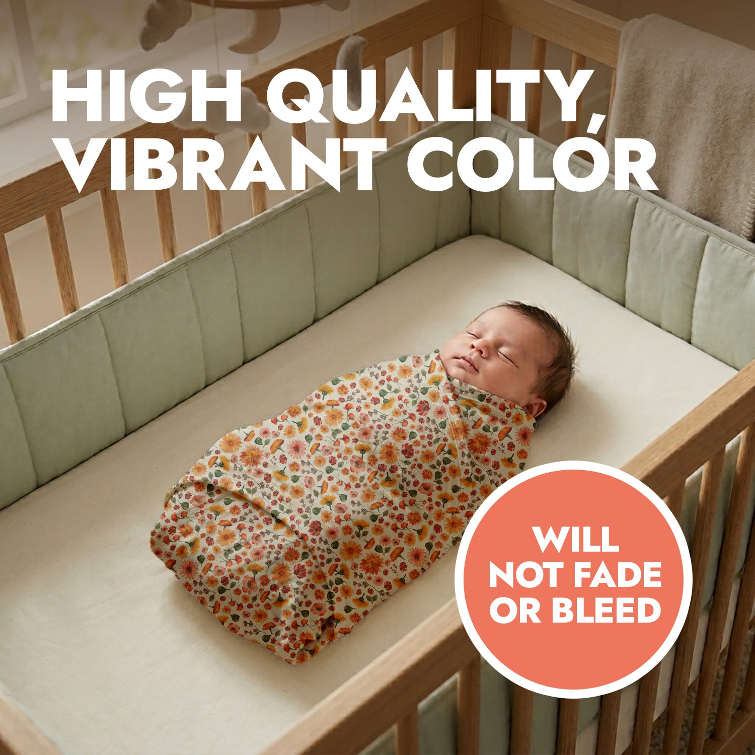 Newborn baby swaddled in a floral blanket in a crib with text about fabric quality.