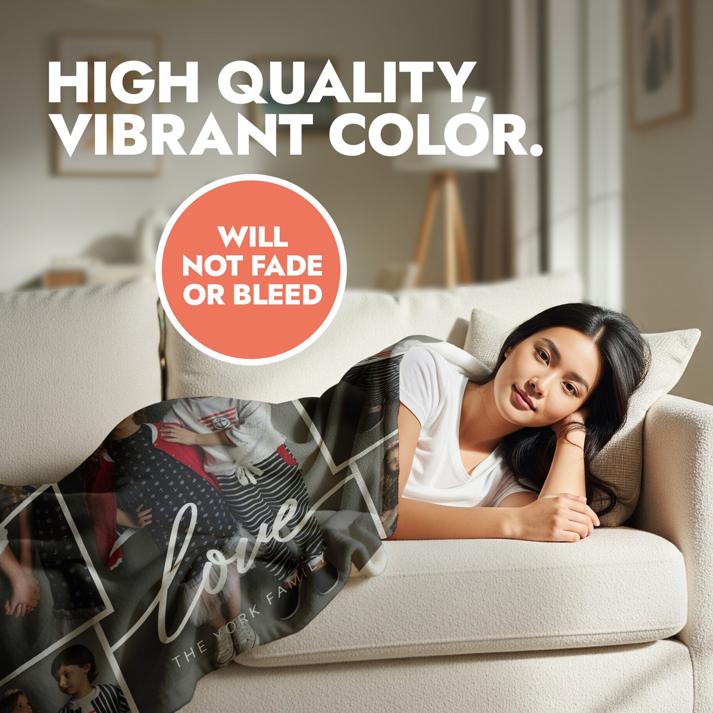 Woman lying on a couch with a blanket featuring a family photo, heading text 'High Quality, Vibrant Color. Will Not Fade or Bleed' displayed.