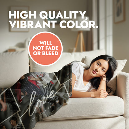 Woman lying on a couch with a blanket featuring a family photo, heading text 'High Quality, Vibrant Color. Will Not Fade or Bleed' displayed.