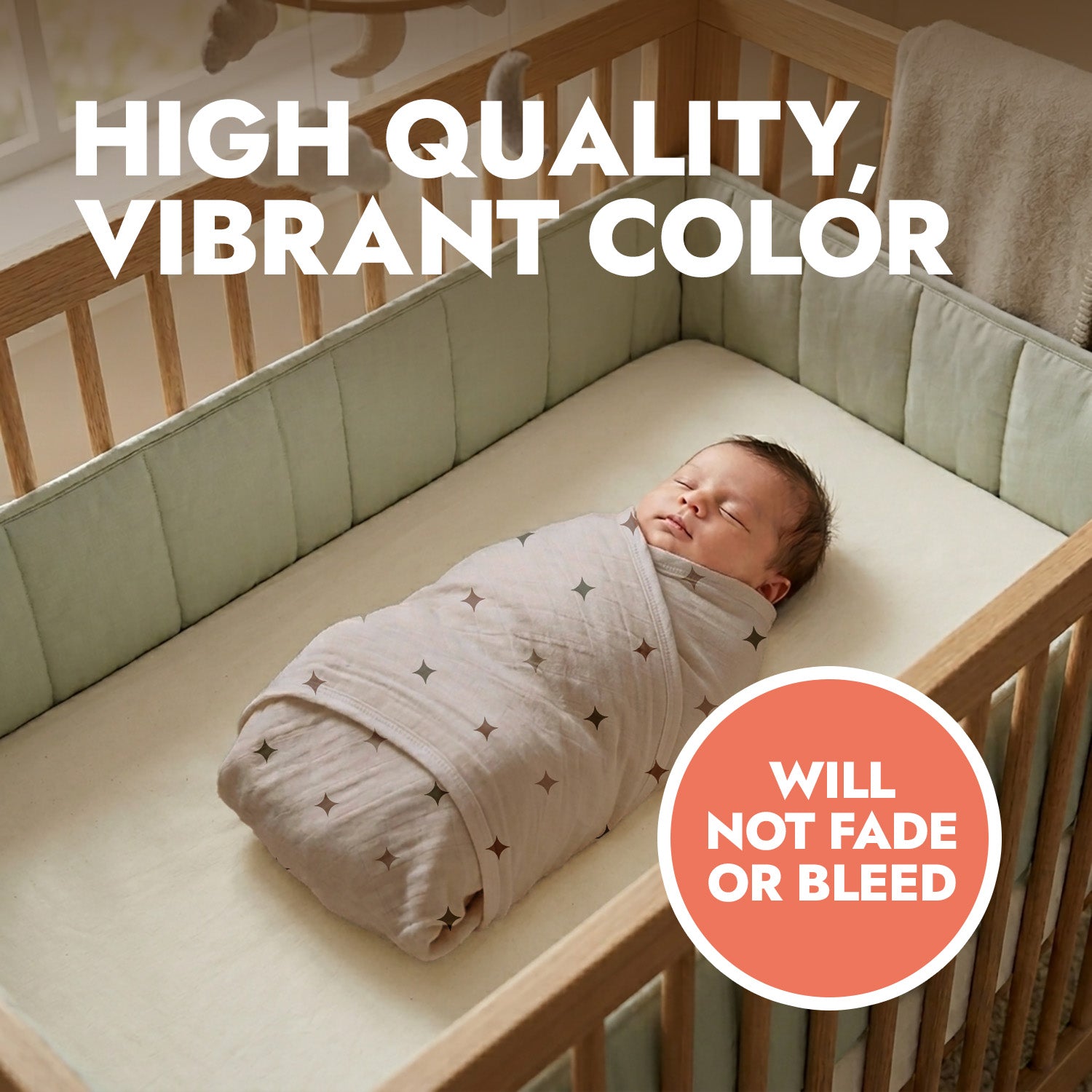 Newborn baby wrapped in a star pattern baby swaddle with header text 'high quality, vibrant color'.