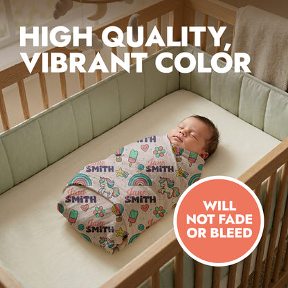 Newborn baby swaddled in a personalized rainbow and unicorn design with header text 'High Quality, Vibrant Color'