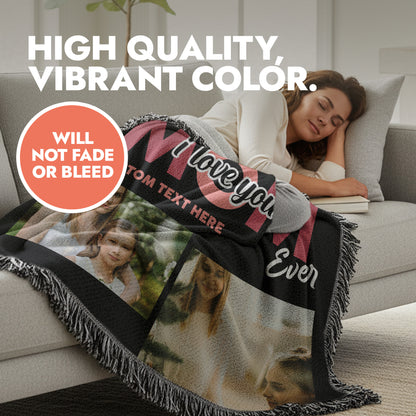 Woman lying on sofa with Mother's Day themed printed cotton and polyester blanket in size 50"x60" with decorative fringed edges.