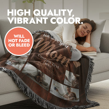 Woman lying on living room sofa with custom photo blanket for mom with heading text 'high quality, vibrant color'.