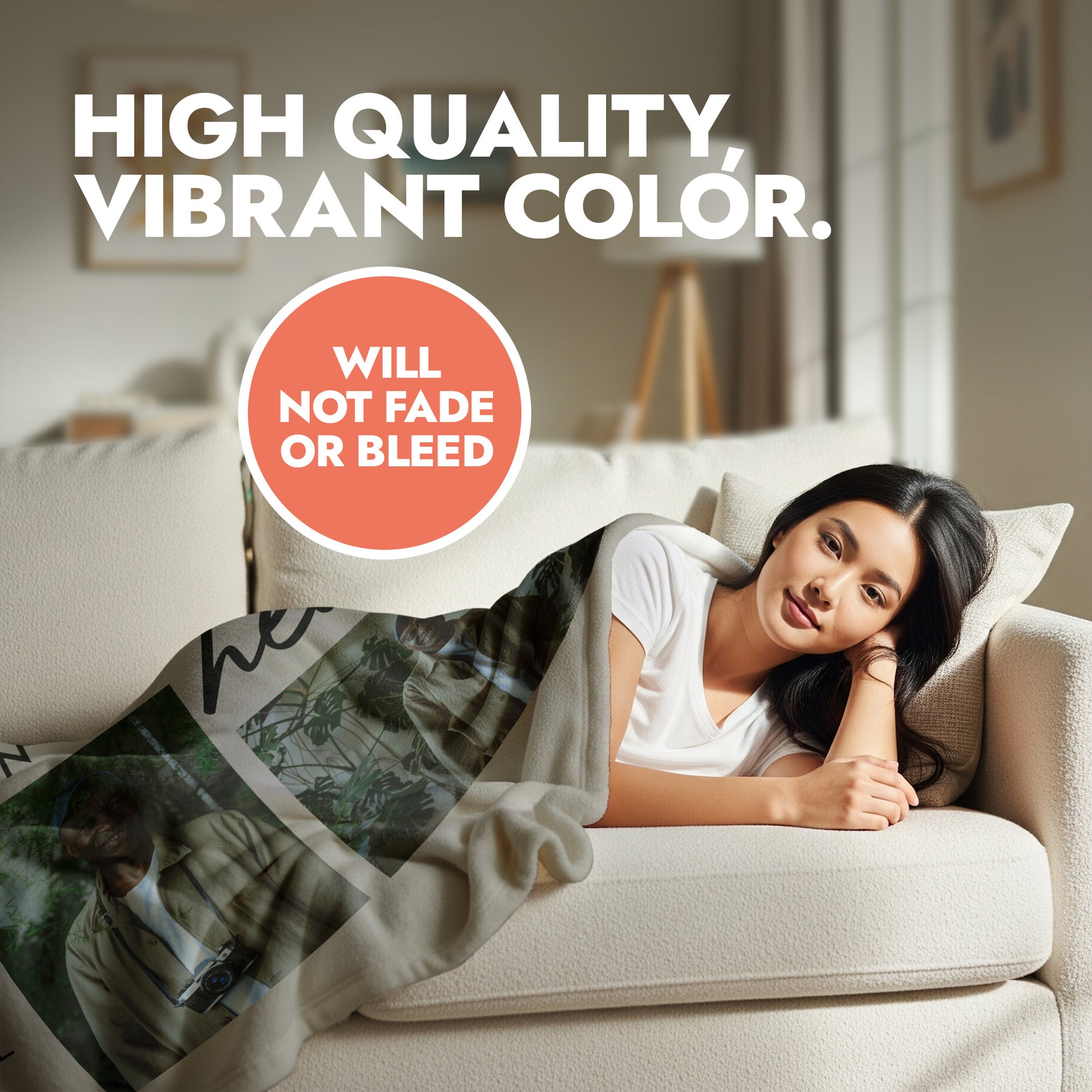 Woman lying on a couch with a blanket, text about color quality.