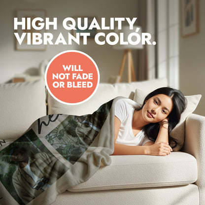 Woman lying on a couch with a blanket, text about color quality.