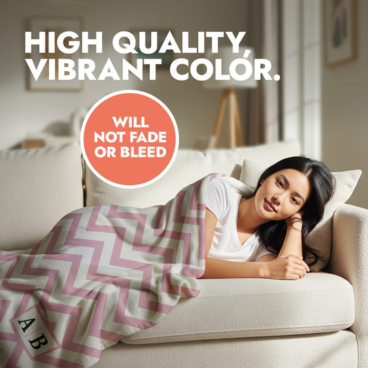 Woman laying on a sofa with a chevron design printed fleece blanket, header text 'High quality, vibrant color'.