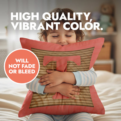 Child holding a pillow to show size proportions of product with heading text 'High Quality, Vibrant Color' and 'Will Not Fade or Bleed'