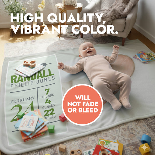 A baby laying on a personalized blanket with heading text 'USA Based Business'.