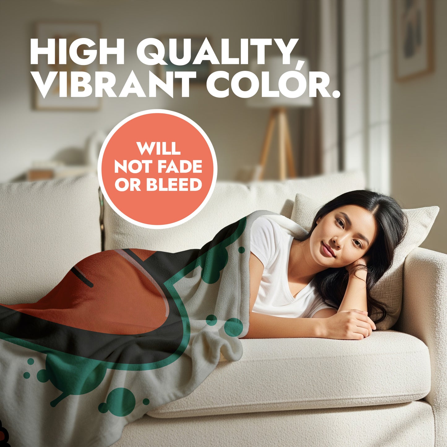 Woman lying on a couch with a colorful blanket, heading text displays 'High Quality Vibrant Color'.