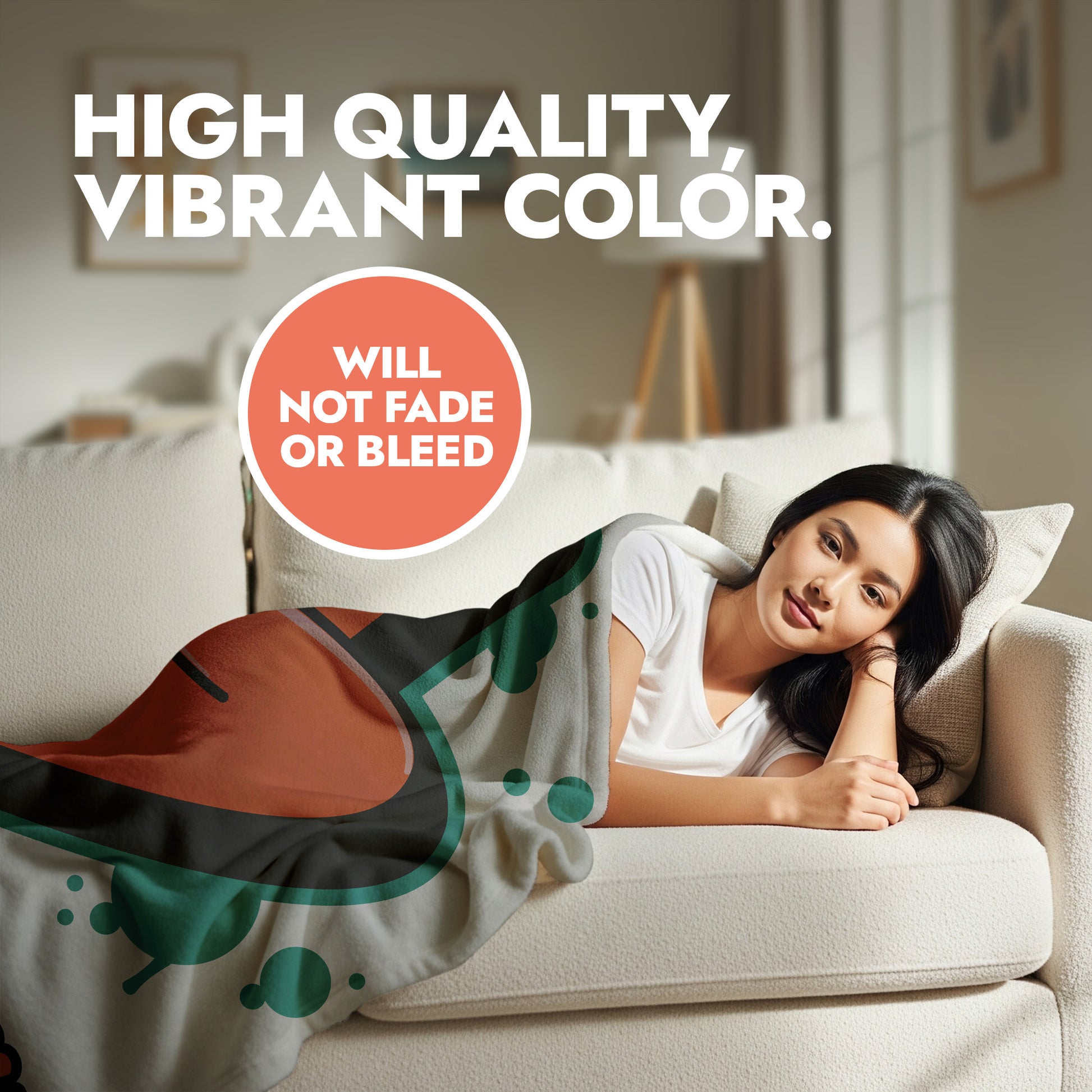 Woman lying on a couch with a colorful blanket, heading text displays 'High Quality Vibrant Color'.