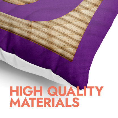 Close-up of a custom pillow with purple and wooden block design, featuring footer text 'HIGH QUALITY MATERIALS'.