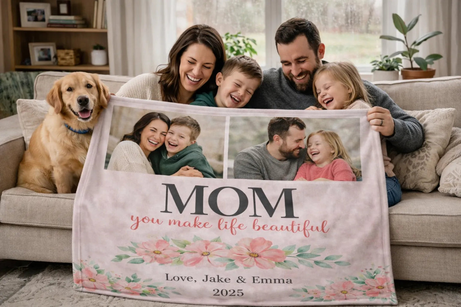 Family holding a blanket with personalized message in a living room.