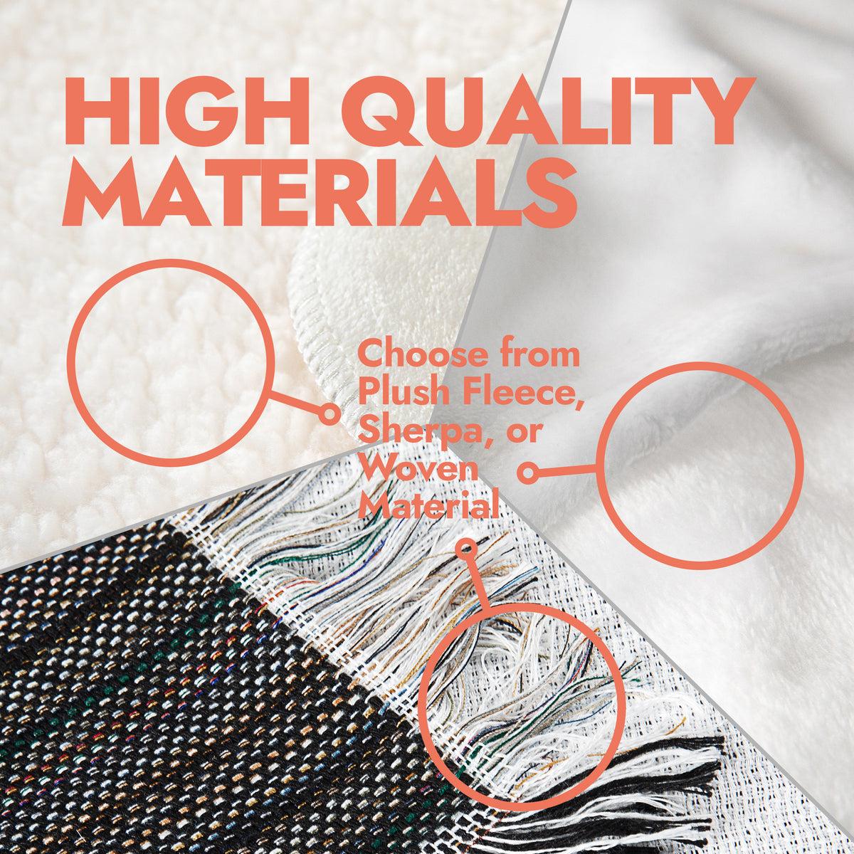 Close up detailed photo of 3 blanket materials in Sherpa fleece, minky fleece and woven.