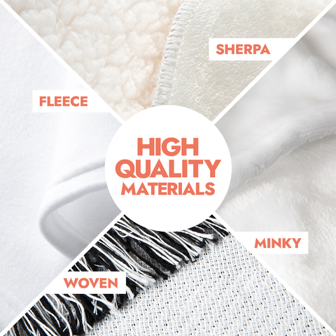 4 close up photo details of blanket materials in Sherpa fleece, Smooth fleece, Woven cotton/polyester blend and Minky fleece.