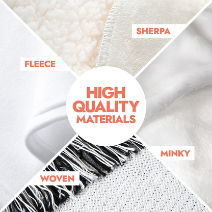 4 close up photo details of blanket materials in Sherpa fleece, Smooth fleece, Woven cotton/polyester blend and Minky fleece.