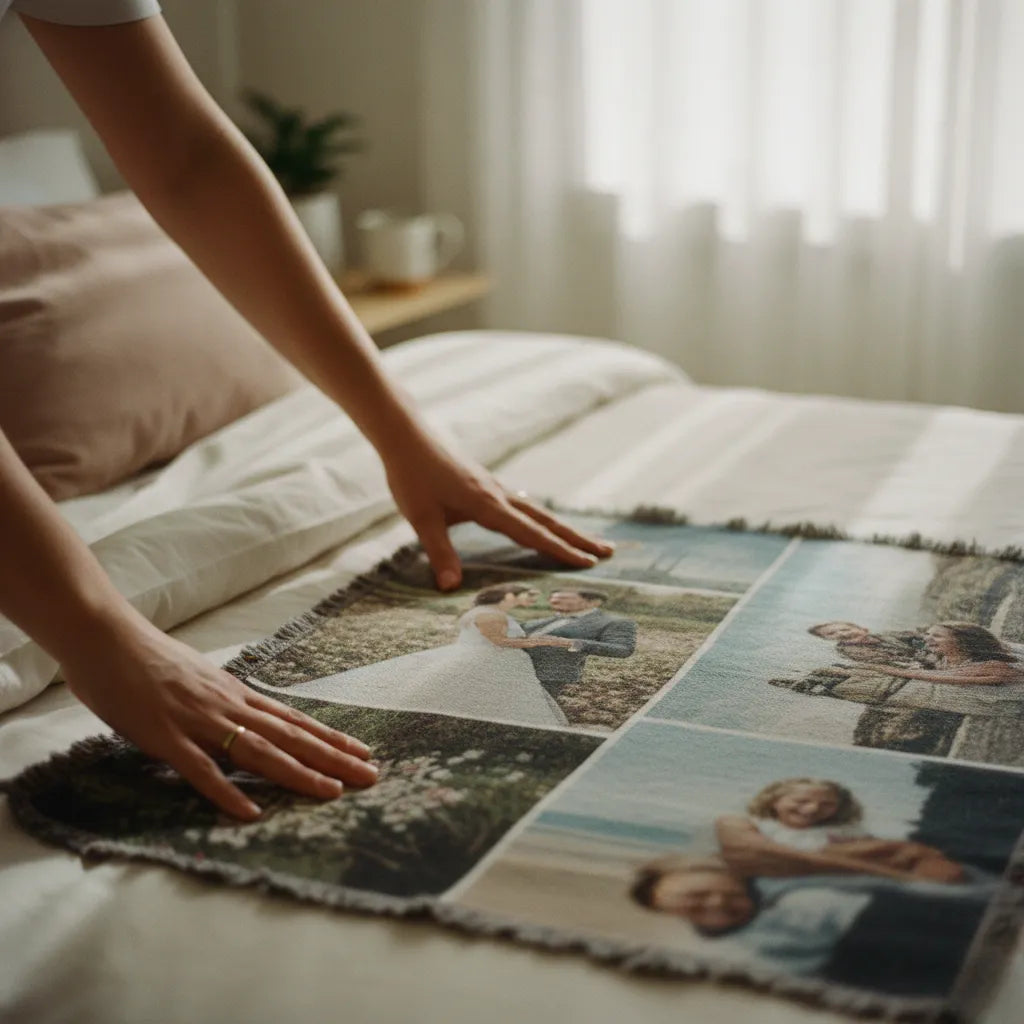 Person arranging a photo collage on a bed